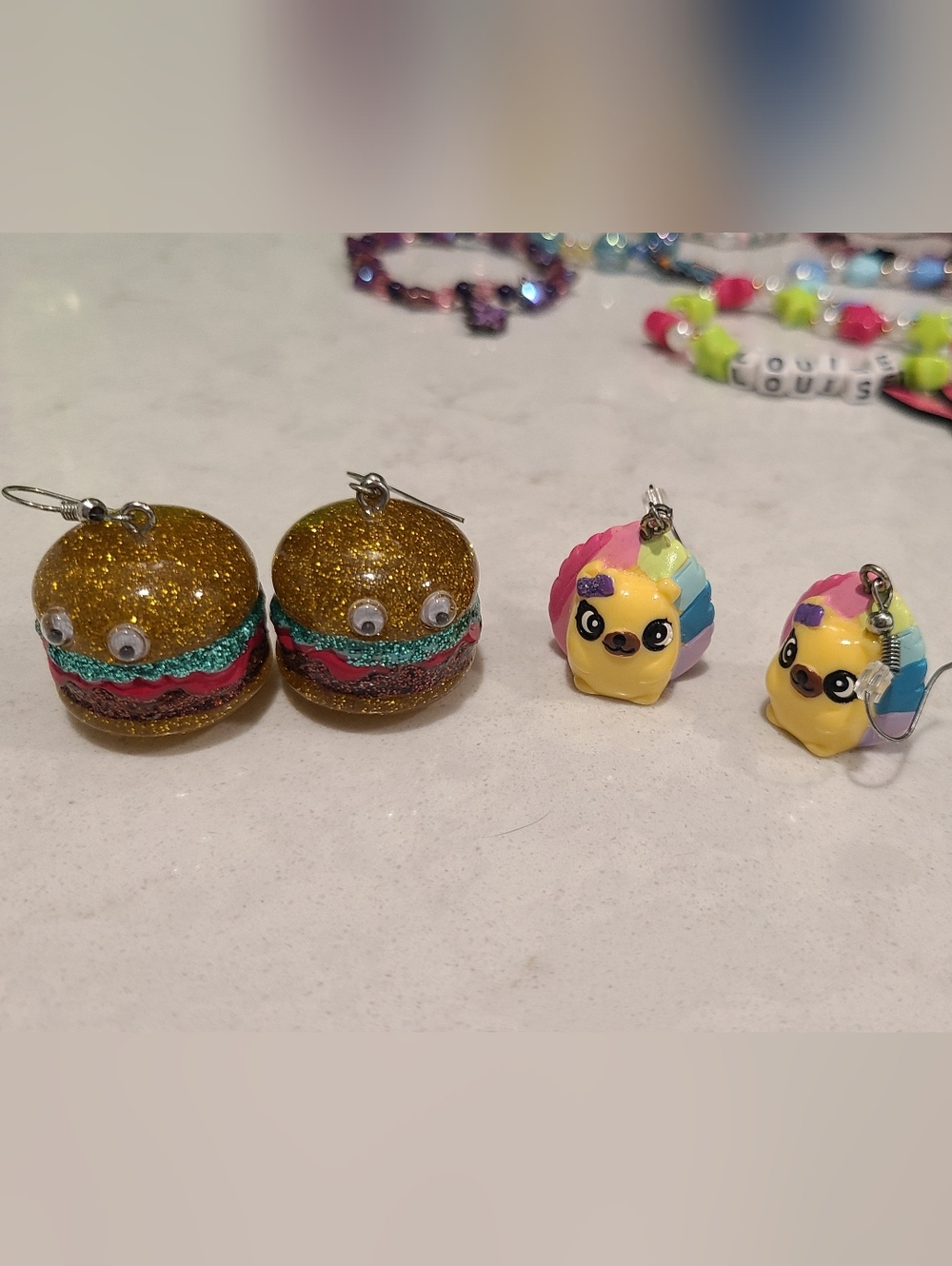 Lot Of 2 Irregular Choice Earrings - Glitter Burger & Rainbow Hedgehogs